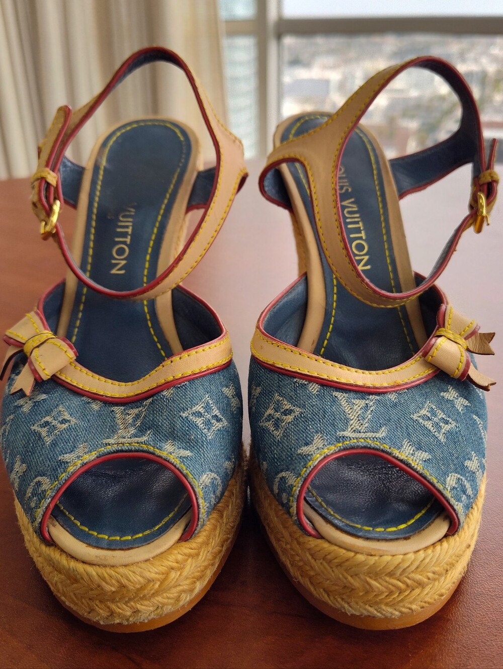 Louis Vuitton Blue Beige Monogram Denim & Leather Espadrille Ankle Strap Wedge 7 - Picture 2 of 6